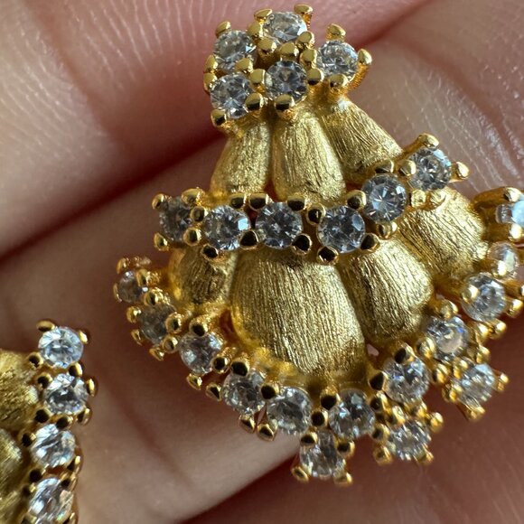 Gold Plated Stud Earrings with CZ – Fan Shape Statement - Picture 3 of 5